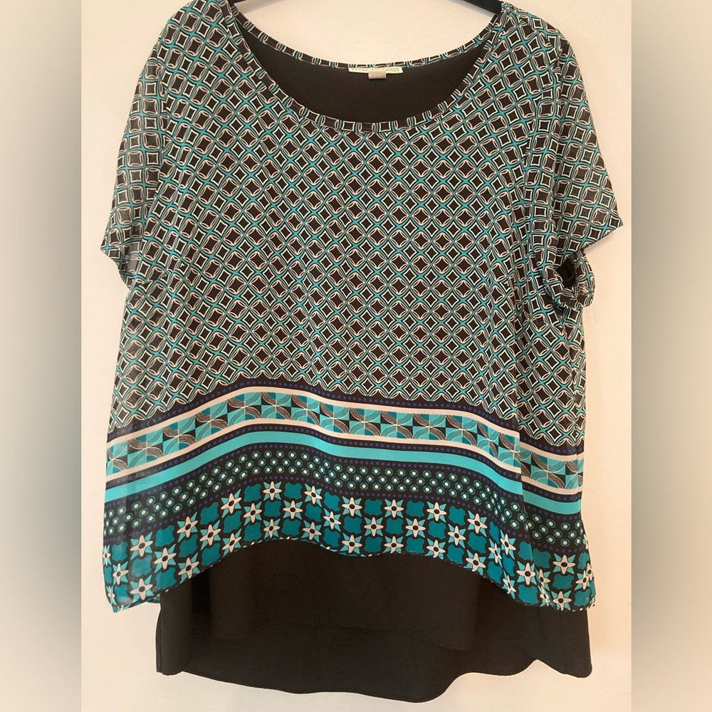 Dana Buchman double layer blouse tunic Teal/Black Patterned Blouse sz XL